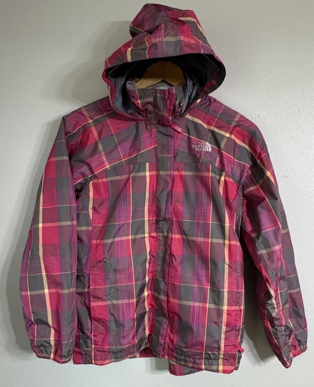 The North Face Hyvent Hooded Rain Jacket Girl Youth XL Pink Plaid Full Zip